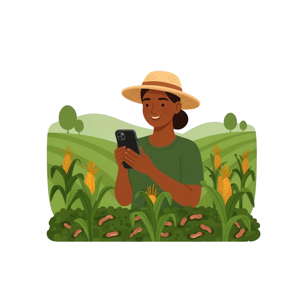 Produtora rural brasileira no campo usando o AgroAção no celular